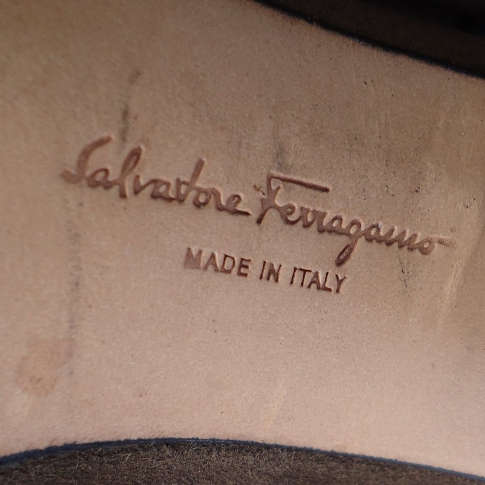 SIZE 6.5 B. Salvatore Ferragamo brown suede leather slip on heels. - Picture 15 of 16